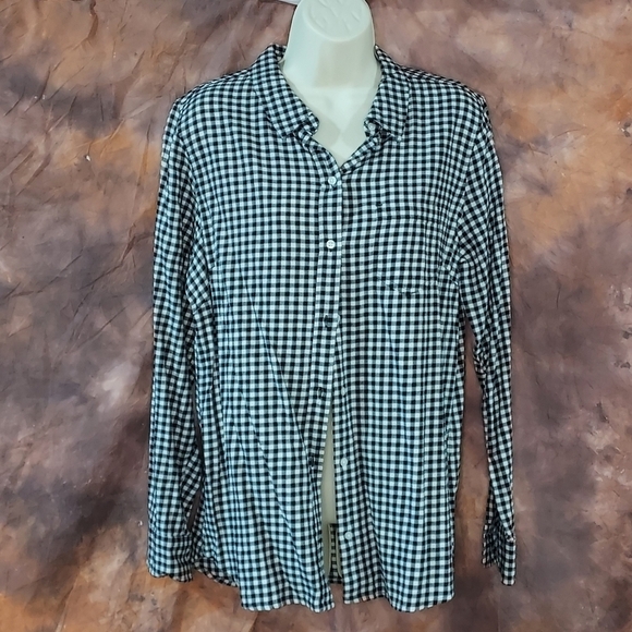 GAP flannel shirt mini gingham check black white boyfriend fit long sleeve L - Picture 1 of 7